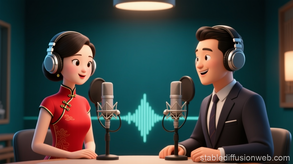 3D Render of Podcast Hosts Recording in Studio