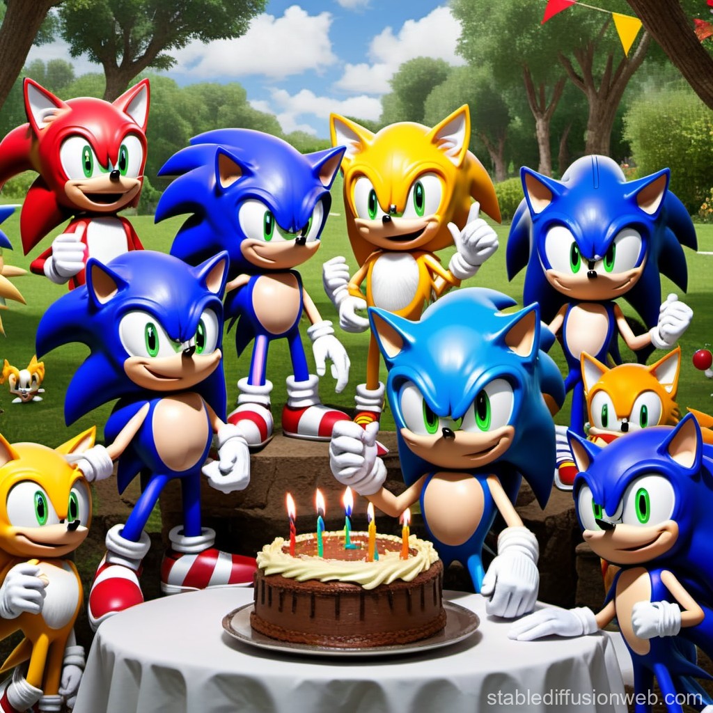 3D Render of Sonic Characters Celebrating with Cake Outdoors