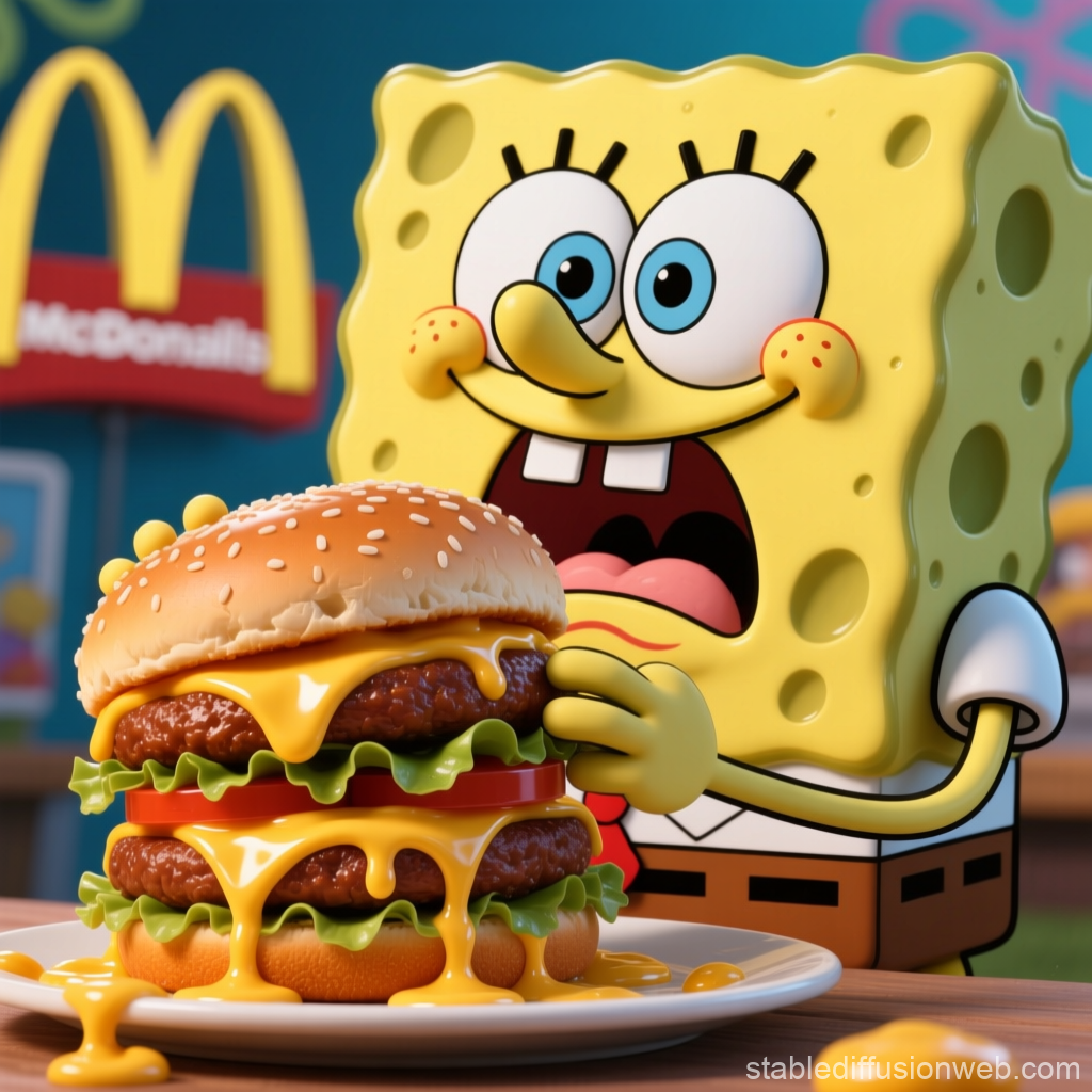 3D Render of SpongeBob with a Double Cheeseburger