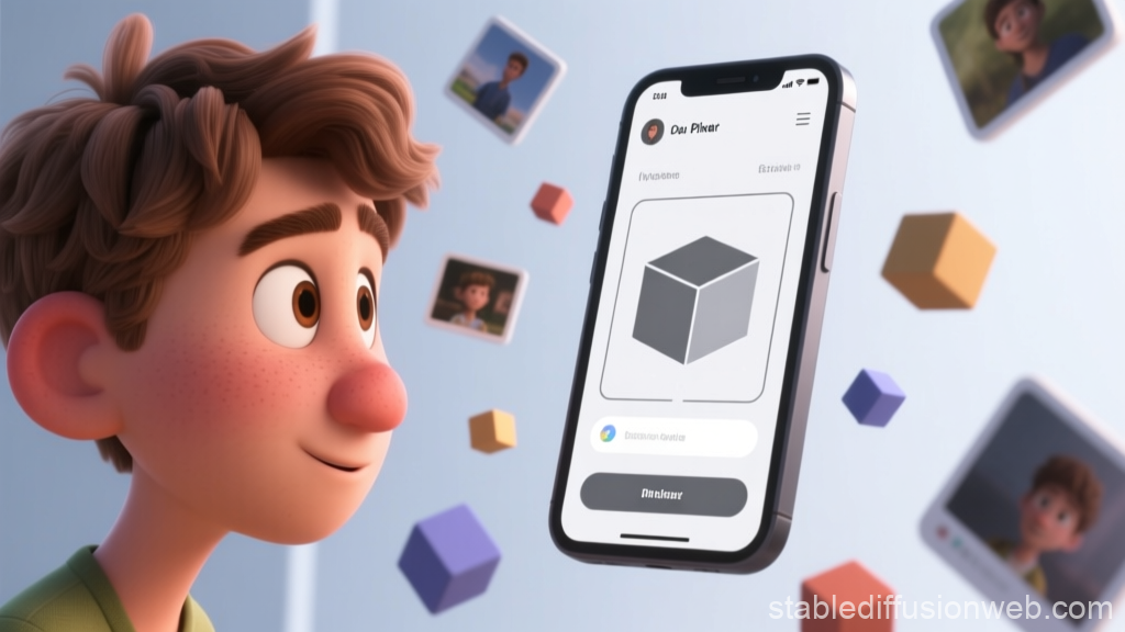 3D Render of Young Male Looking at Floating Smartphone