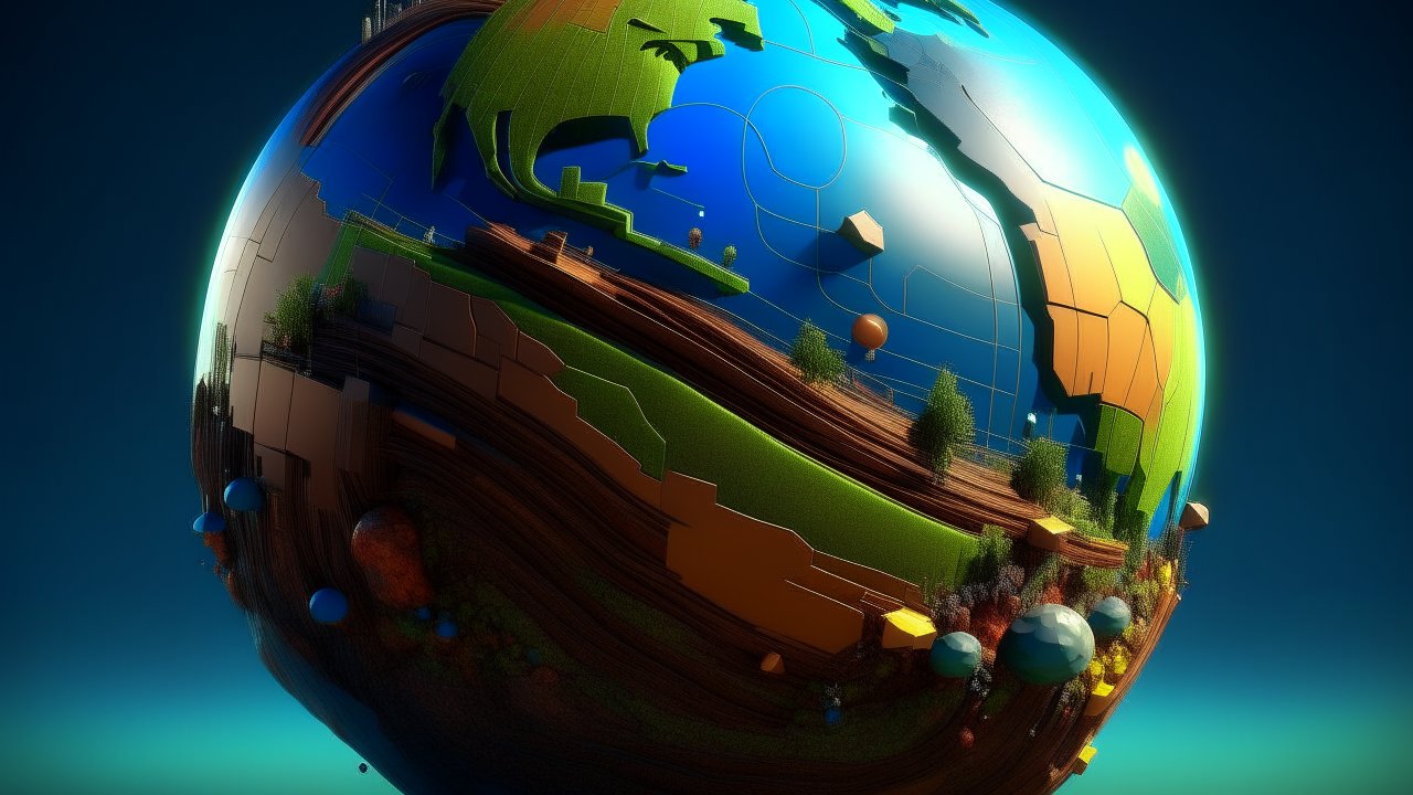 3D Rendered Earth with Stylized Resources and Terrain