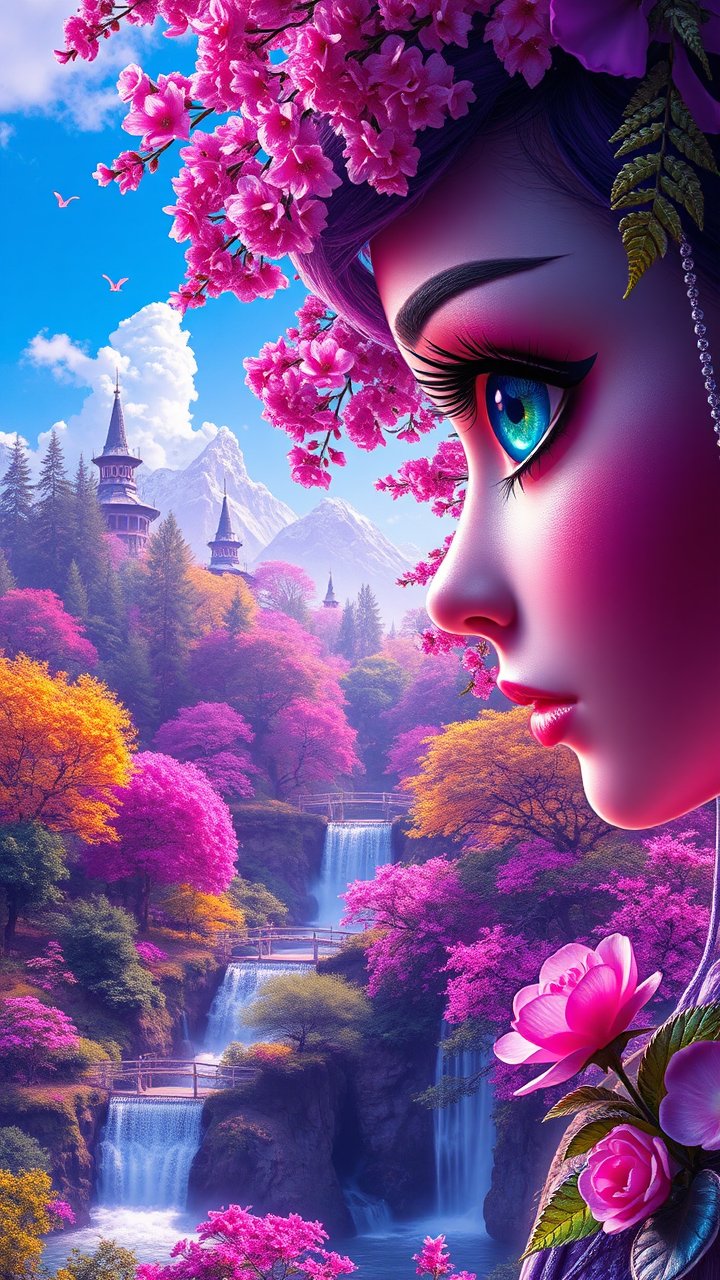 3D Rendered Fantasy Portrait with Vibrant Cherry Blossoms and Waterfalls