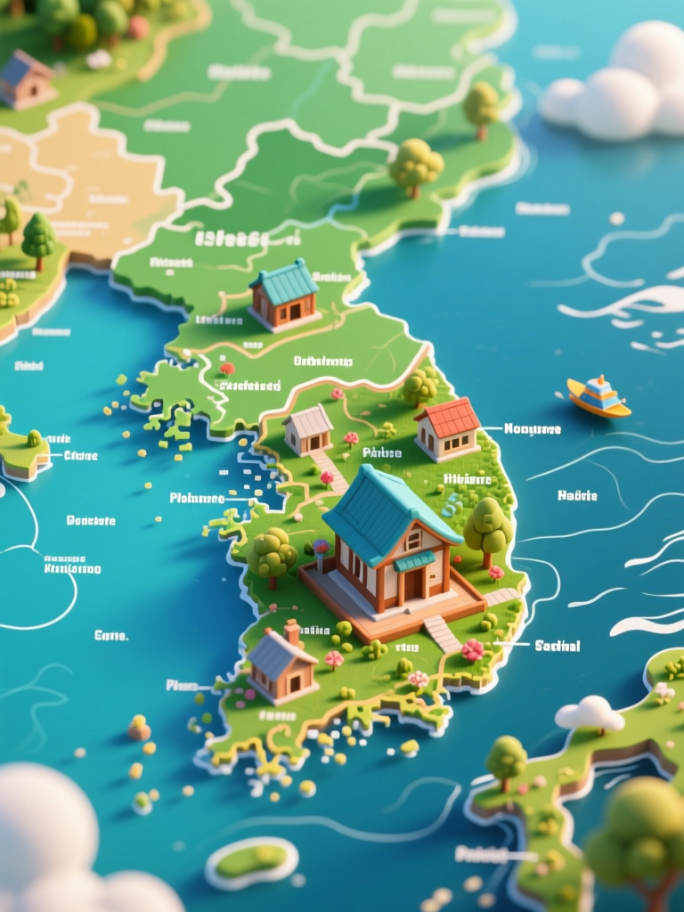3D Rendered Map of Korea with Miniature Houses