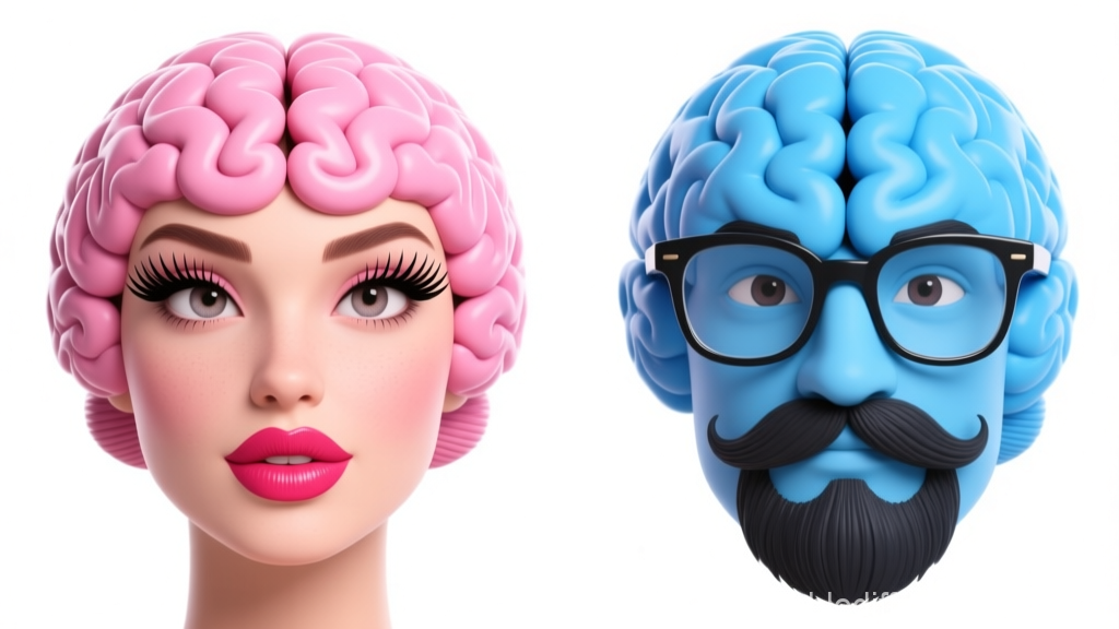 3D Rendered Pink and Blue Brain Heads with Facial Features
