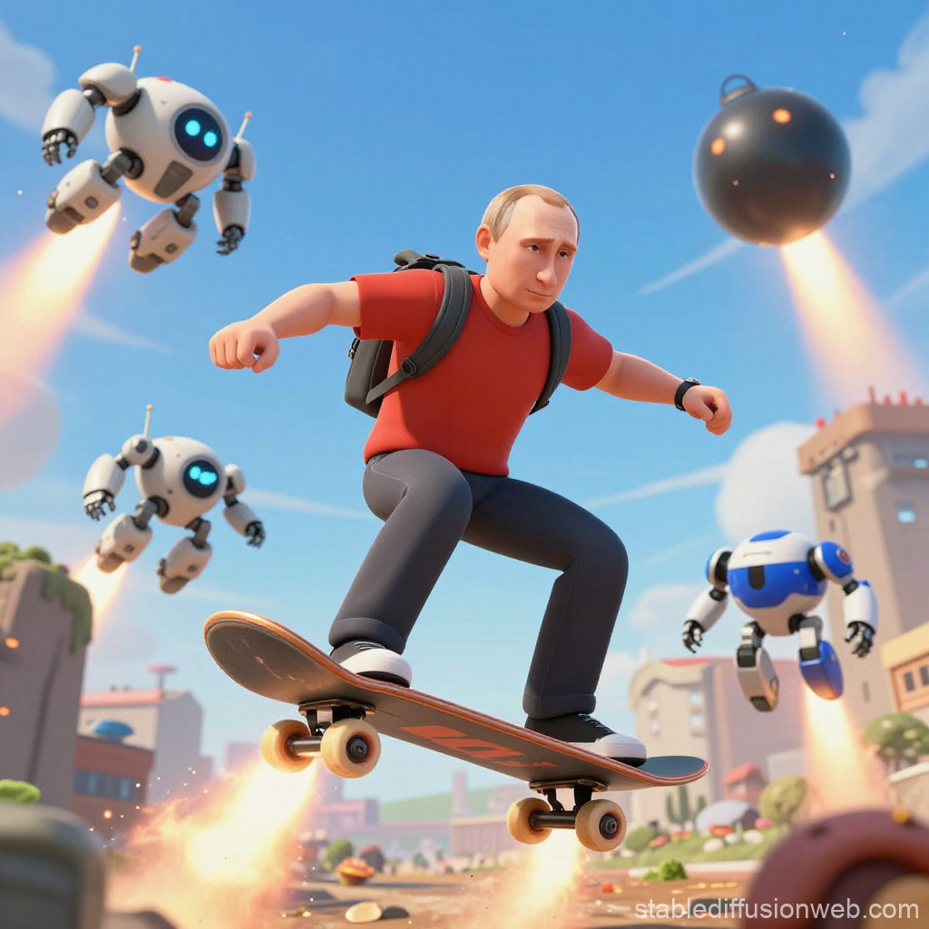 3D Skateboarder Flying with Jet-Powered Robots in Futuristic City