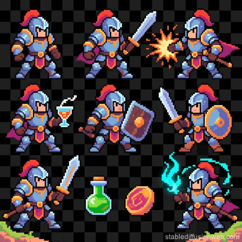 8-bit Fantasy Warrior Sprite Sheet with Various Actions
