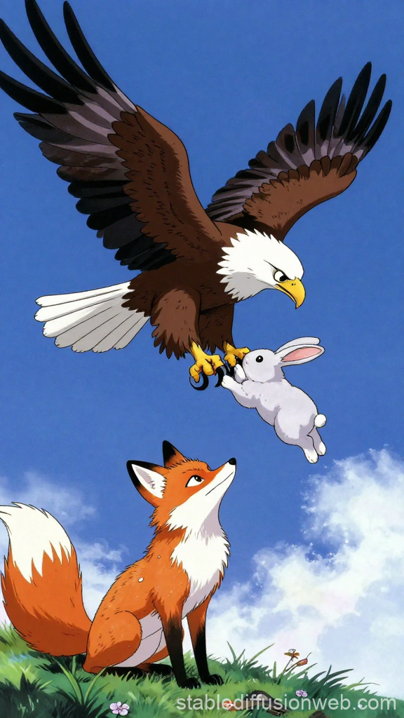 80s Anime Style Eagle Carrying Rabbit Over Fox