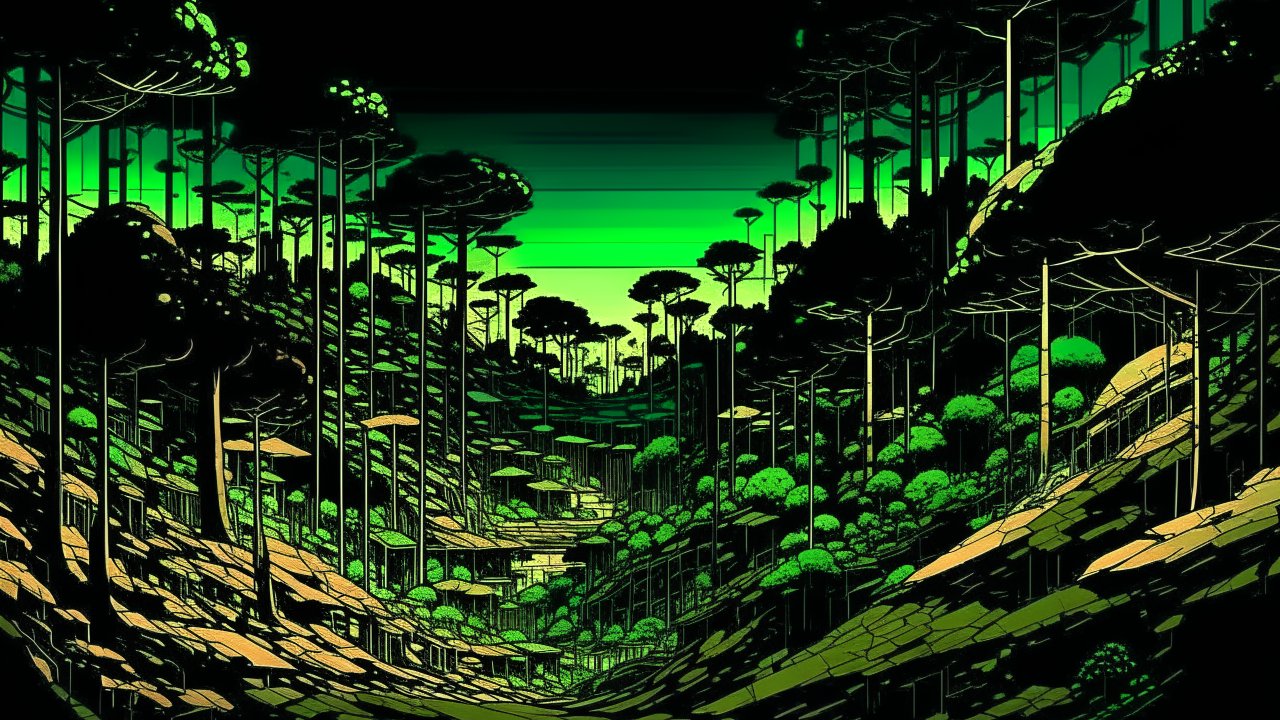 80s Comic Style Forest Landscape with Neon Green Glow