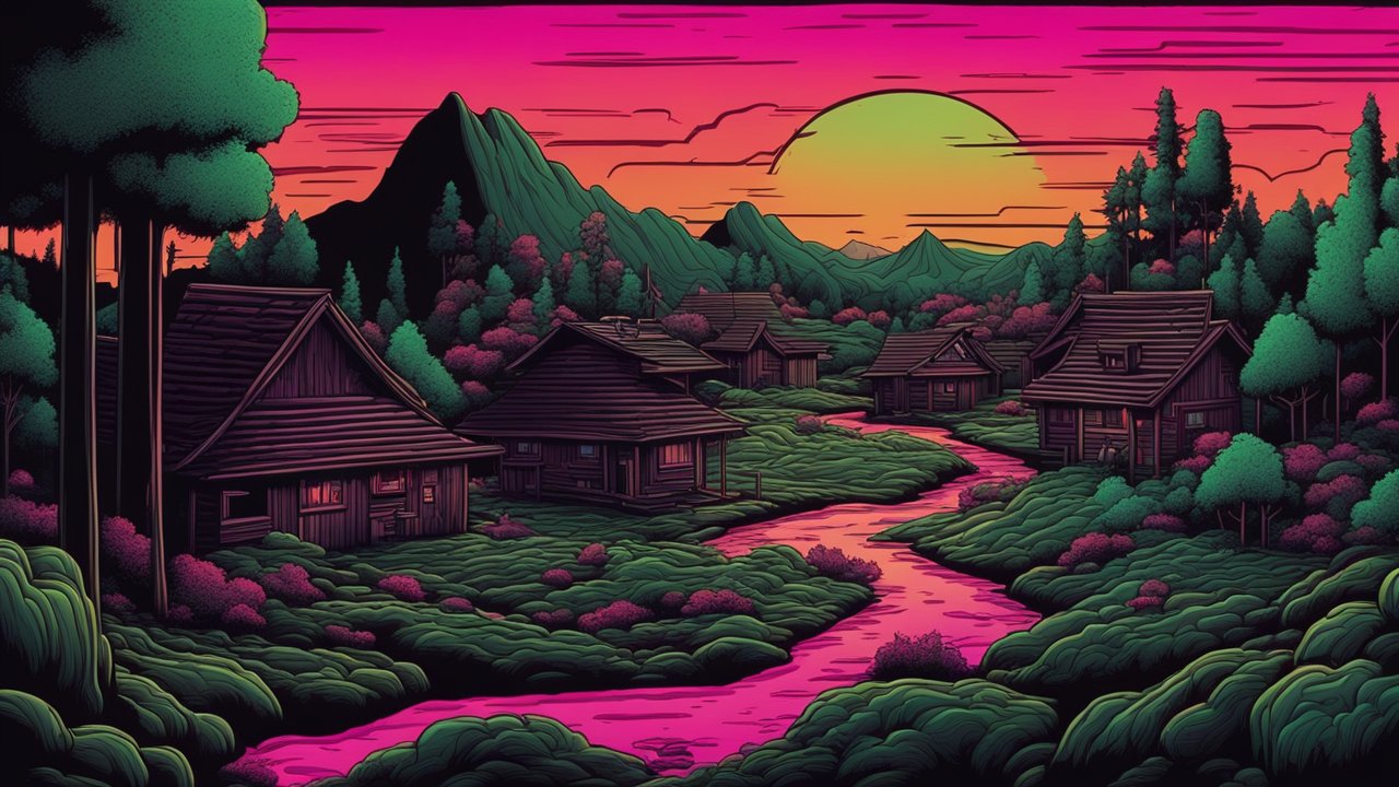 80s Style Comic Village at Sunset