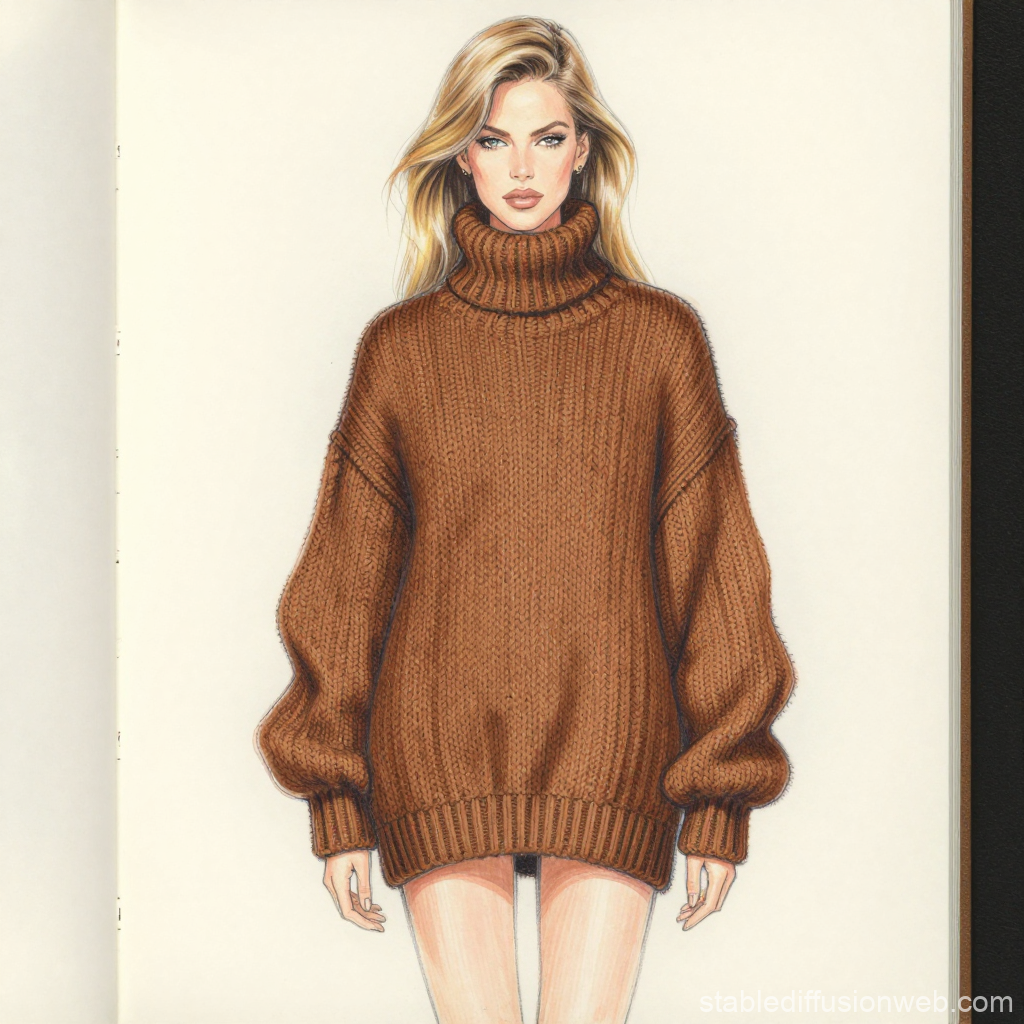 90s Inspired Fashion Illustration of Woman in Oversized Brown Sweater