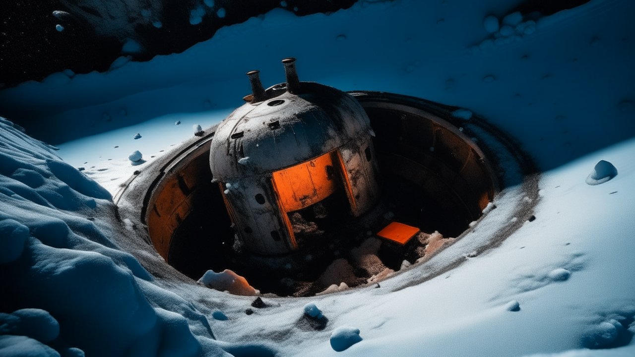 Abandoned Capsule in Snowy Landscape at Night