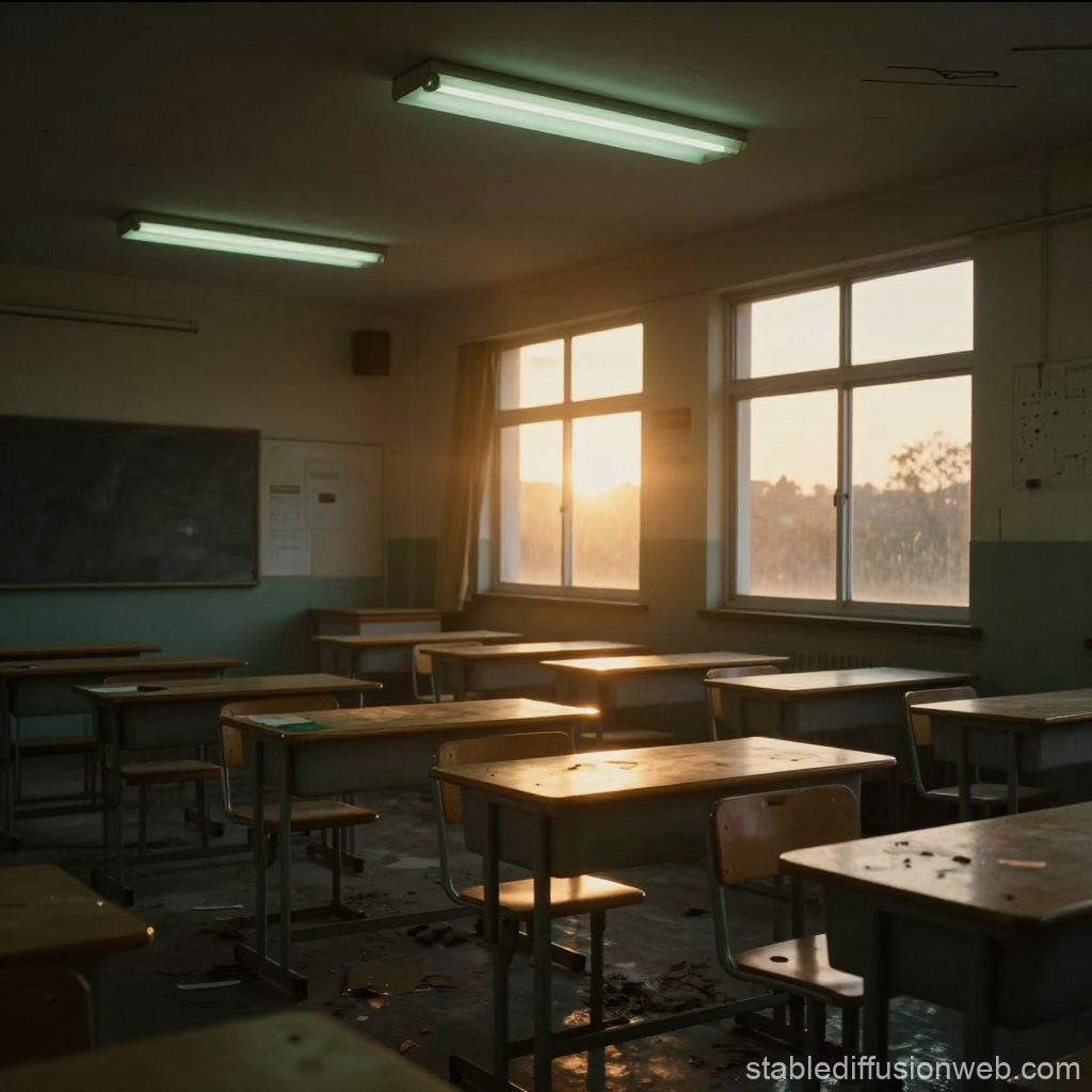 Abandoned Classroom Bathed in Warm Sunset Light