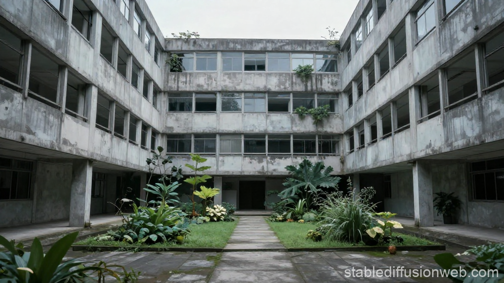 Abandoned Concrete Courtyard with Overgrown Plants