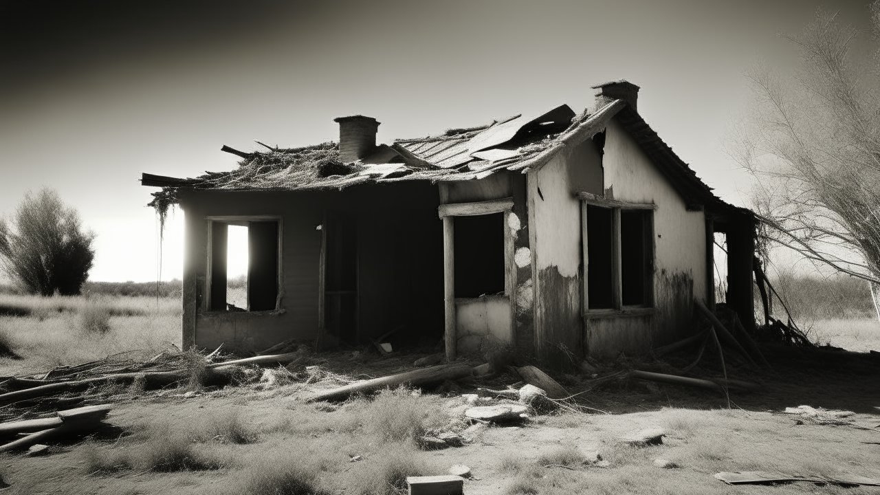 Abandoned Dilapidated House in Deserted Landscape