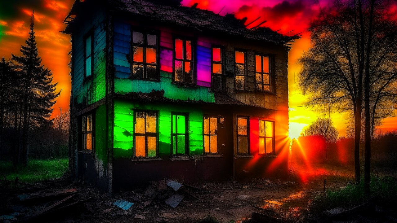 Abandoned House Illuminated by Vibrant Sunrise Colors