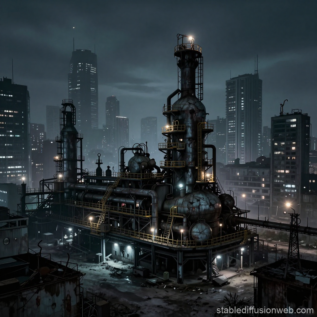Abandoned Industrial Plant in Cyberpunk Cityscape at Night