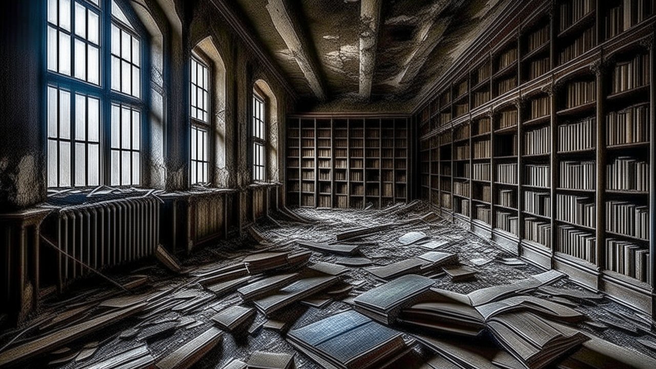 Abandoned Library with Scattered Books in Moody Light