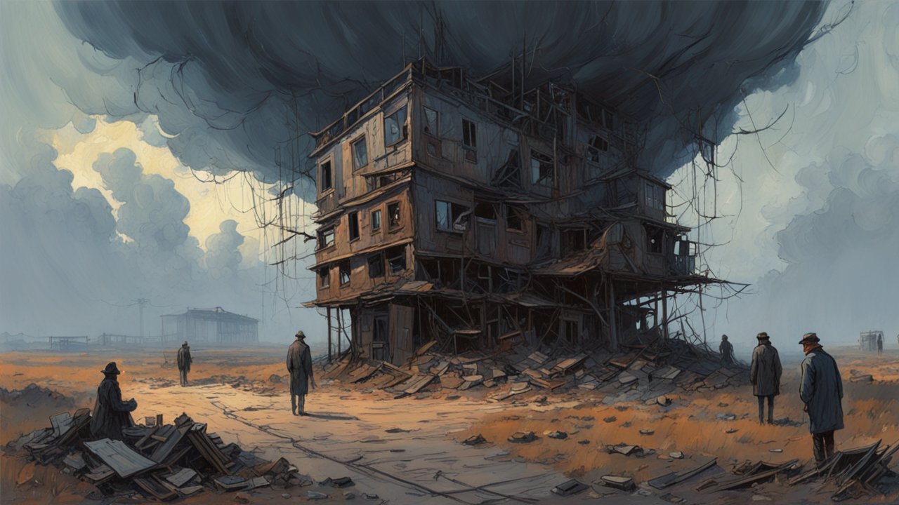 Abandoned Multi-Story Building Under Dark Storm Clouds