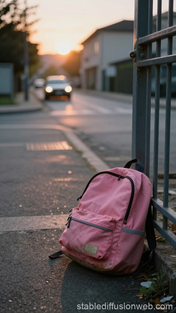 Abandoned Pink Backpack on Urban Sidewalk at Sunset