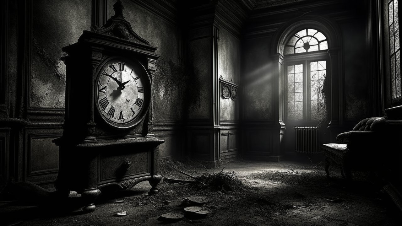 Abandoned Room with Old Grandfather Clock in Dim Light