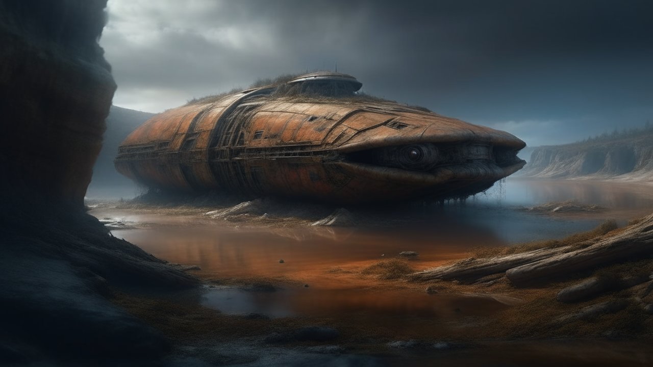 Abandoned Rusty Submarine in a Misty Landscape