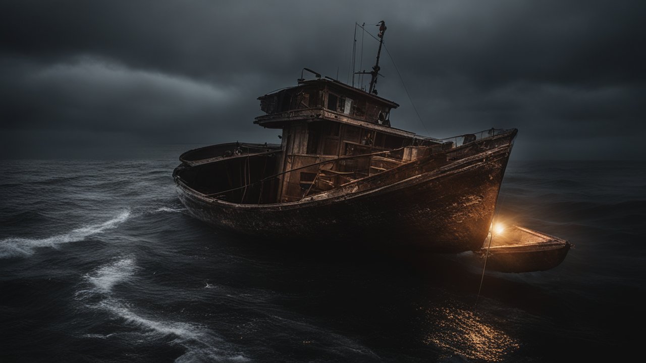 Abandoned Ship in Stormy Night Sea