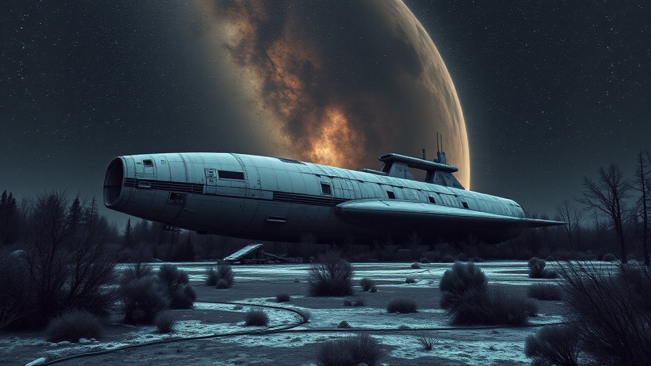 Abandoned Spaceship on Alien Landscape with Distant Planet