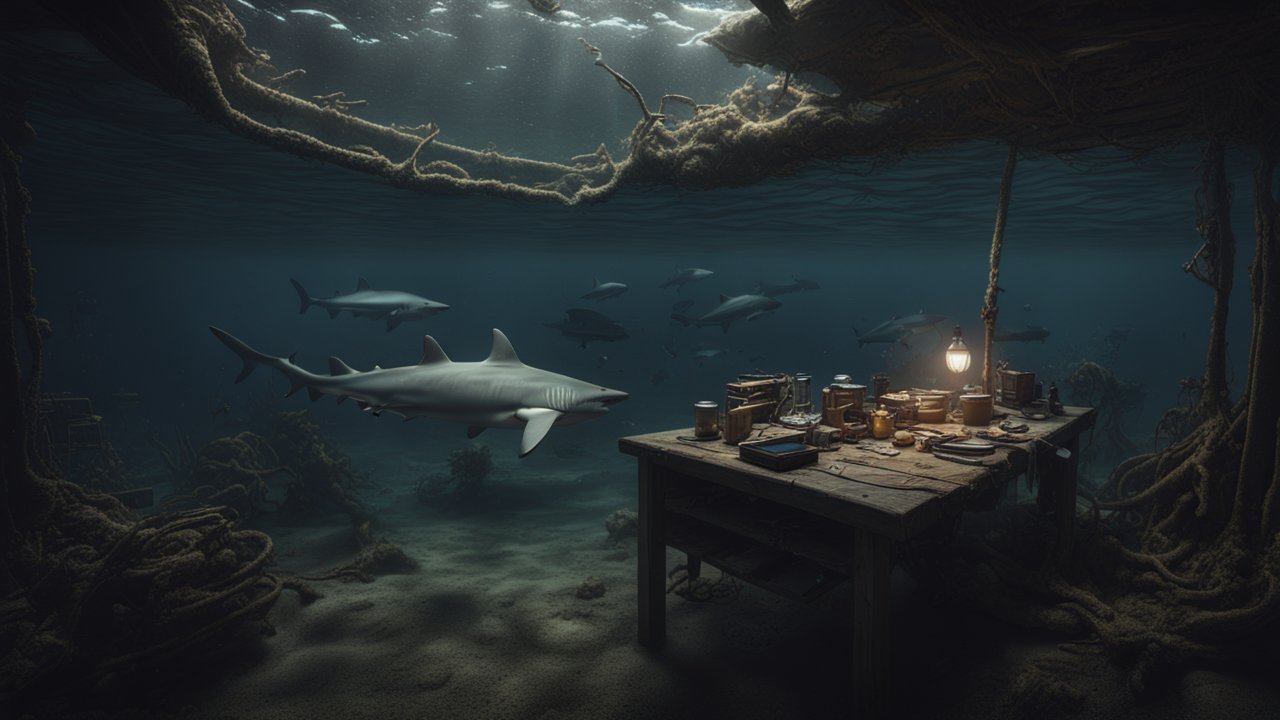 Abandoned Underwater Camp with Sharks Swimming Around