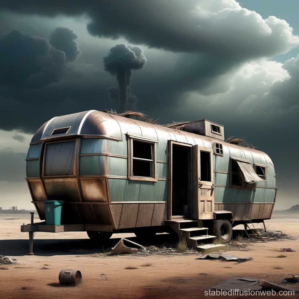 Abandoned Vintage Trailer in Desert with Stormy Sky