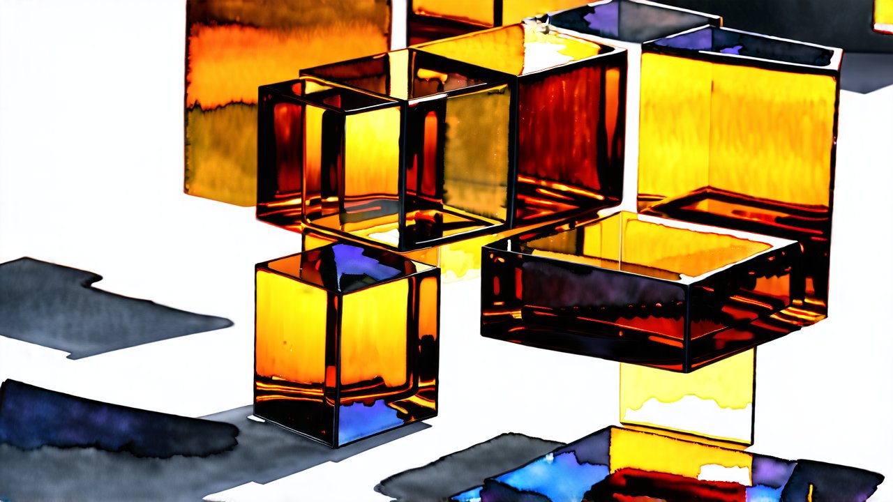 Abstract Amber Glass Cubes with Reflective Shadows