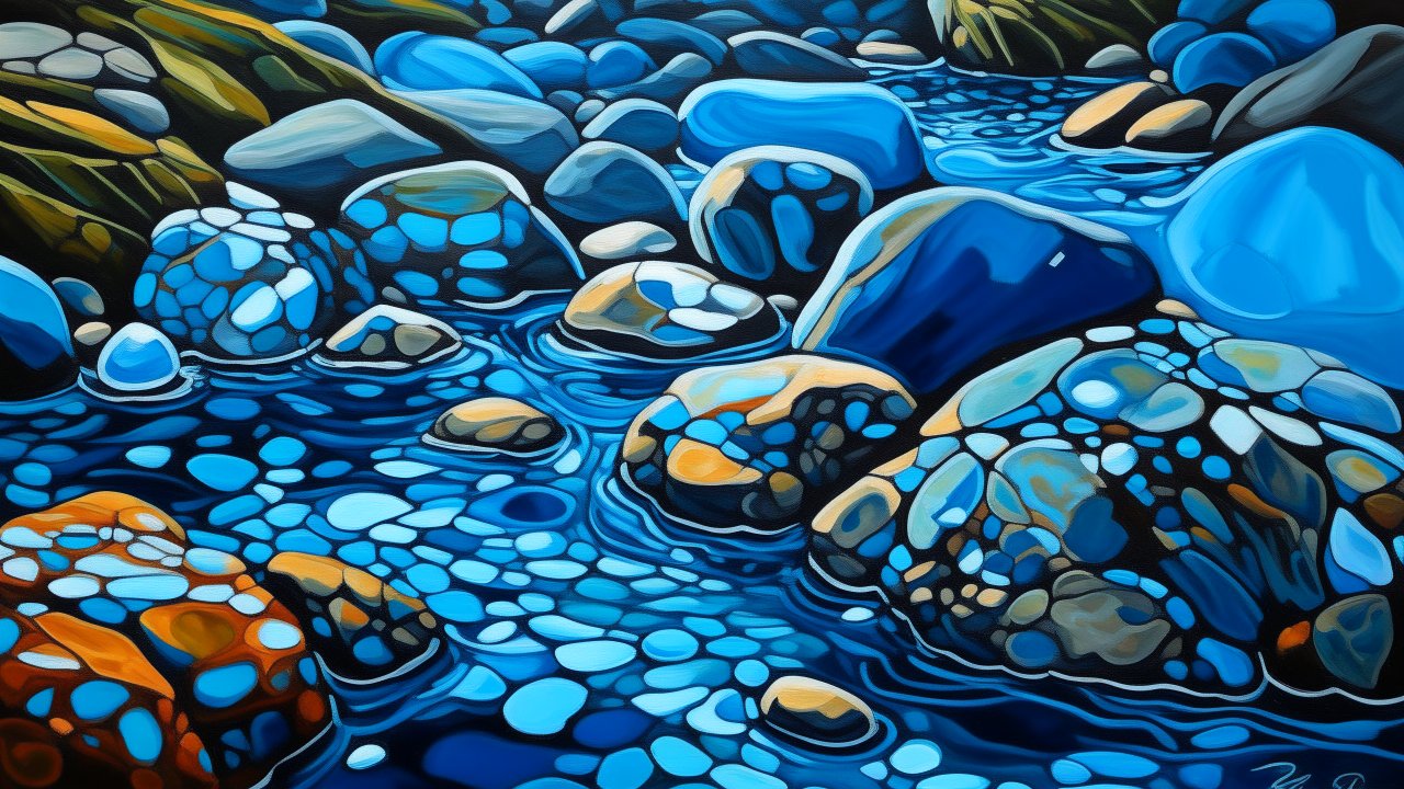 Abstract Blue River Rocks Painting