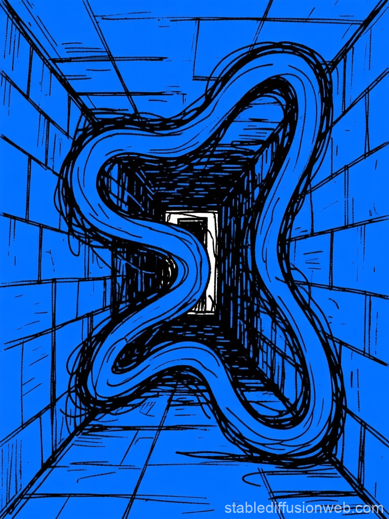 Abstract Blue Tunnel with Wavy Line Art