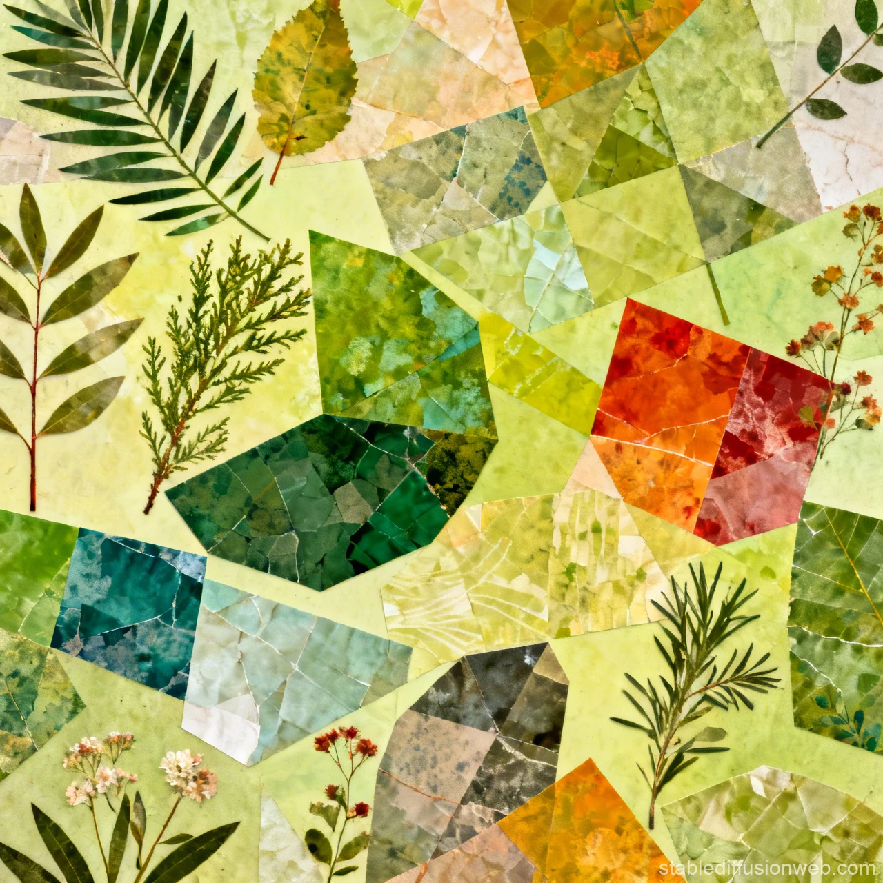 Abstract Collage of Leaves and Geometric Shapes