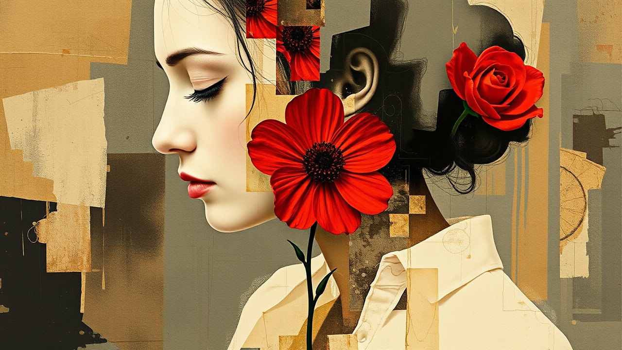 Abstract Collage of Woman with Red Flowers