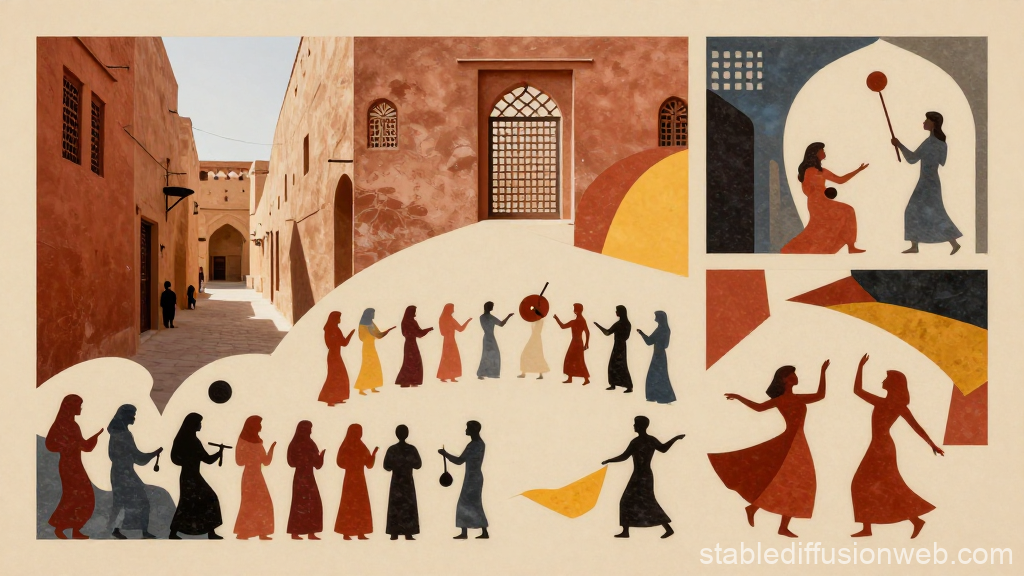 Abstract Egyptian Folk Art with Traditional Dancers and Architecture