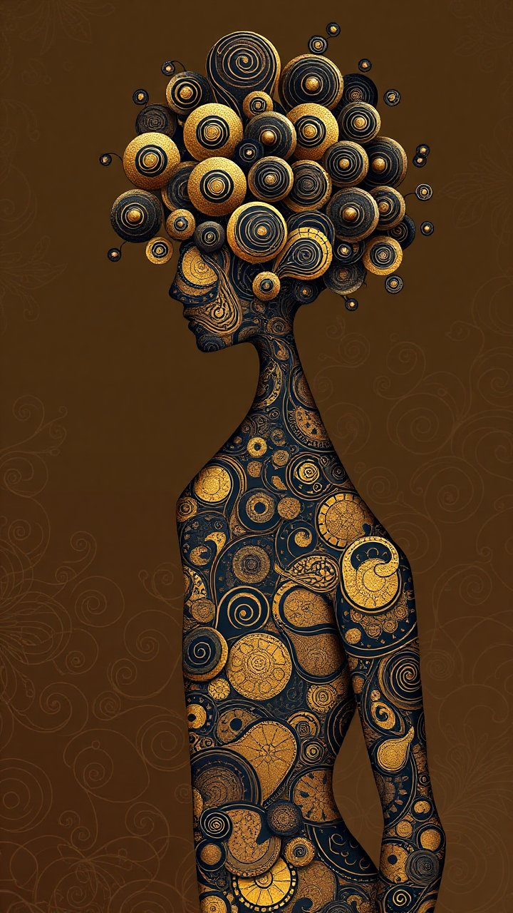 Abstract Female Silhouette with Golden Circular Patterns