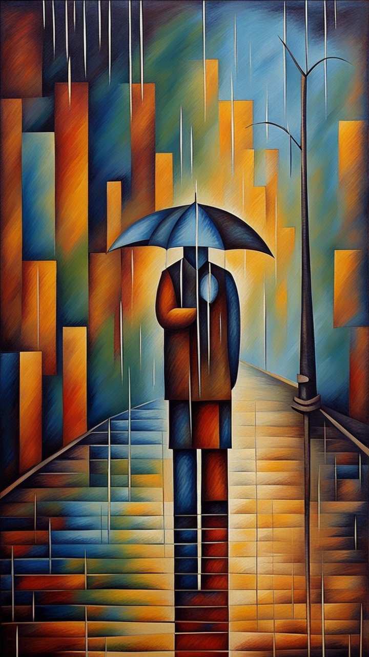 Abstract Figure with Umbrella in Rainy Cityscape