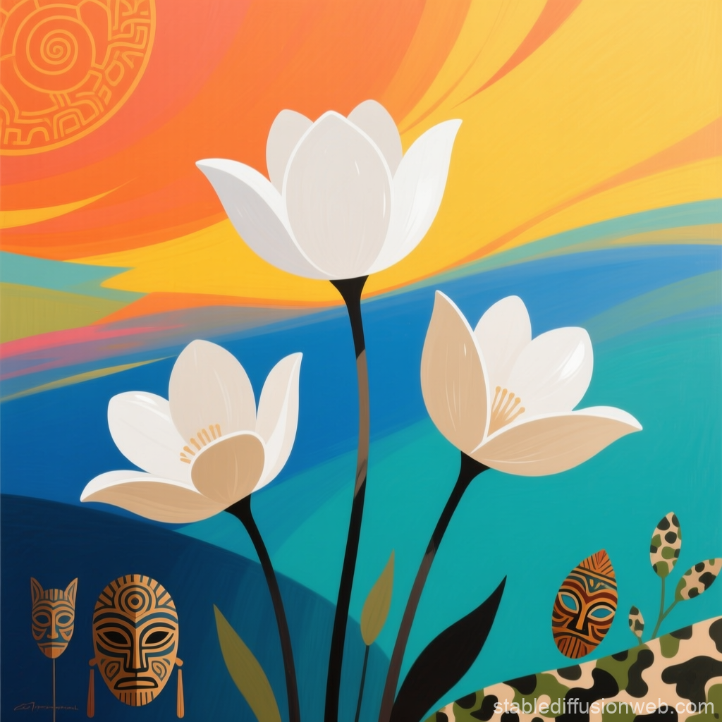Abstract Floral Scene with Tribal Masks and Vibrant Background