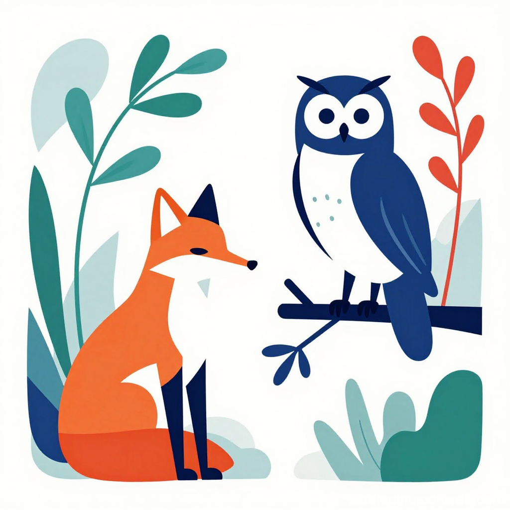Abstract Fox and Owl with Colorful Foliage