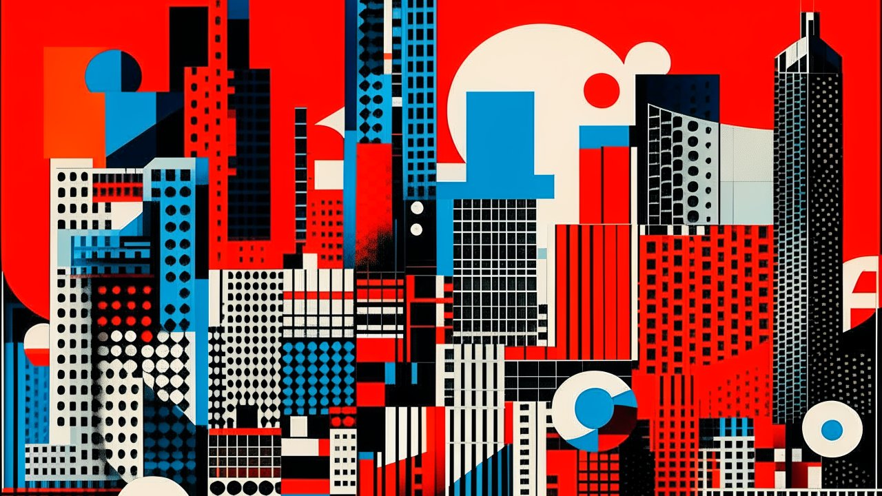 Abstract Geometric Cityscape in Bold Red, Blue, and Black