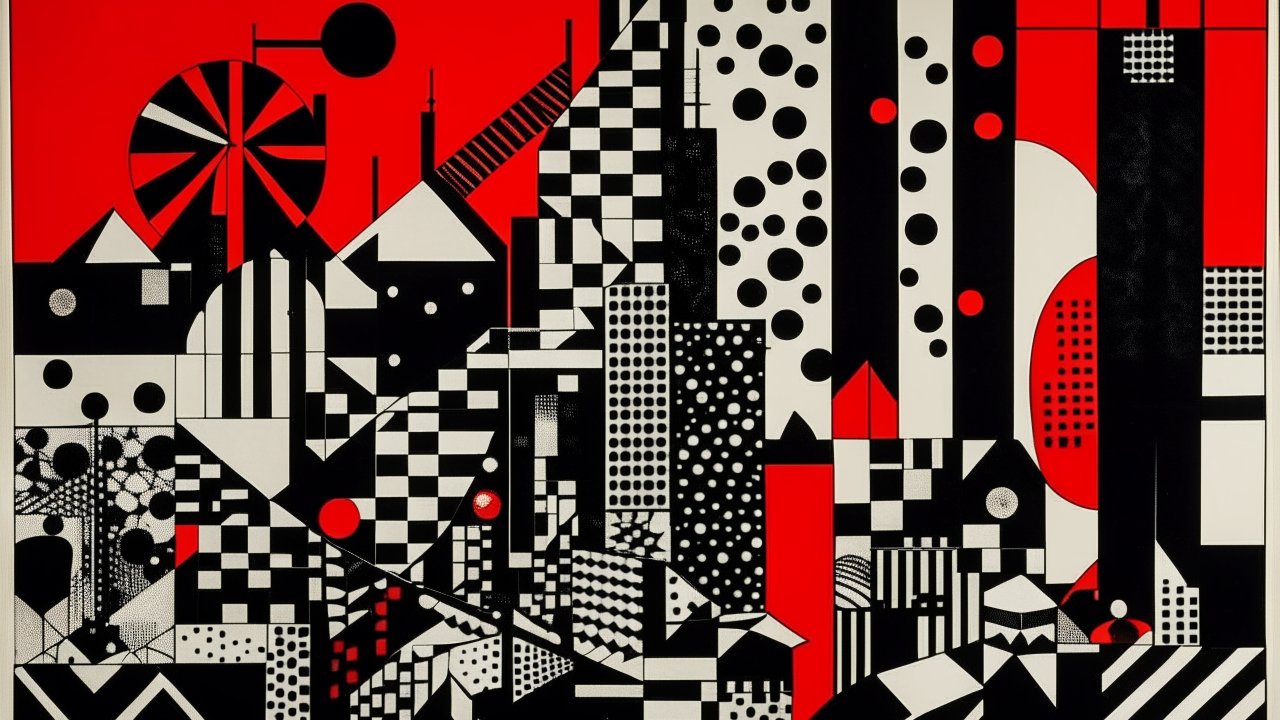 Abstract Geometric Cityscape in Red, Black, and White