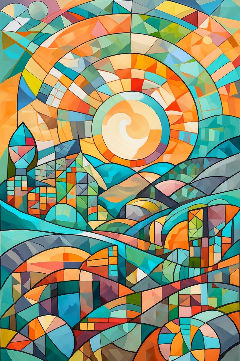 Abstract Geometric Landscape with Radiant Sun