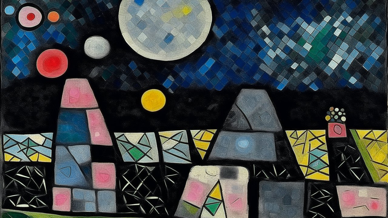 Abstract Geometric Nightscape with Celestial Bodies