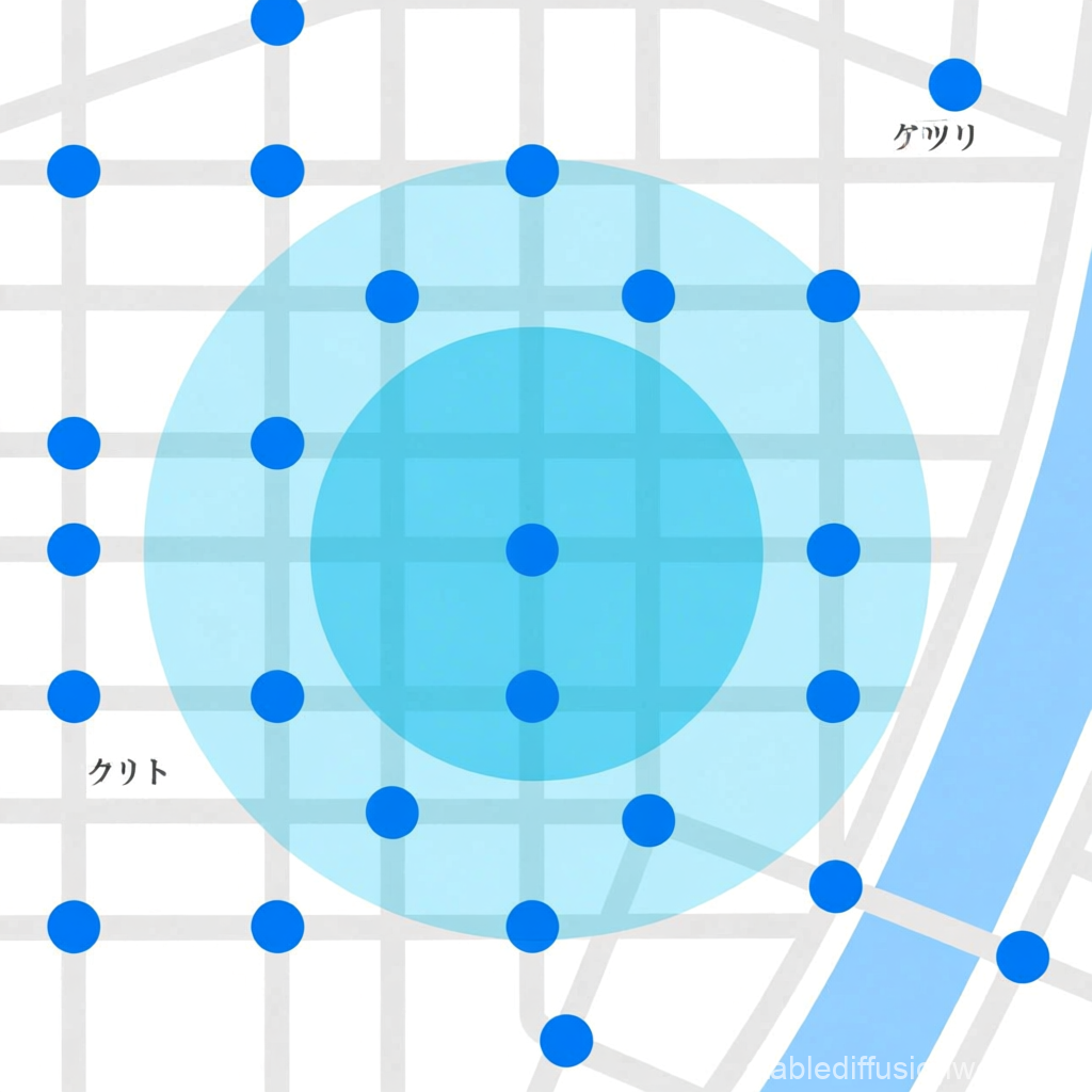Abstract Grid Map with Highlighted Blue Nodes and Circles