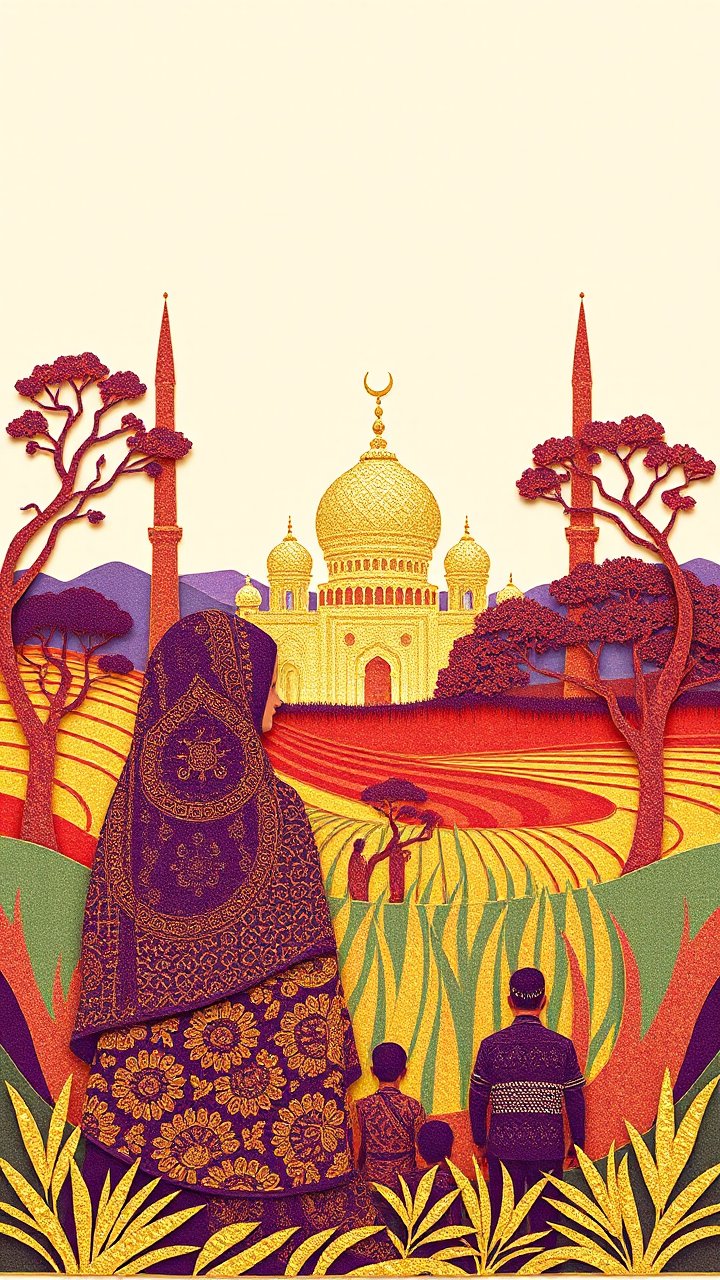 Abstract Islamic Landscape with Family and Mosque