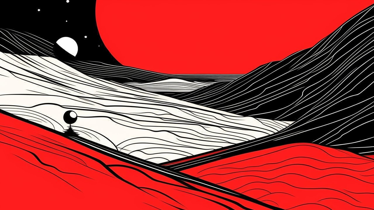 Abstract Landscape with Bold Red, Black, and White Lines