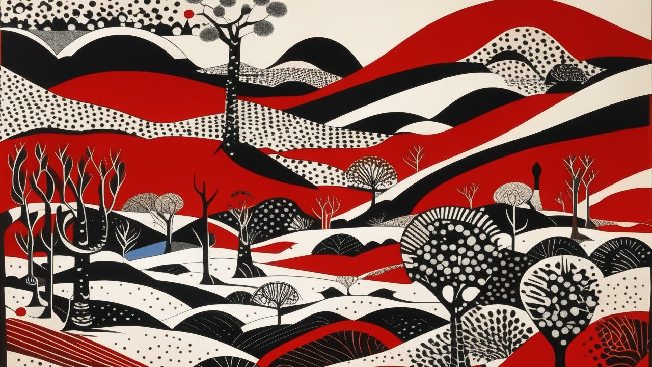 Abstract Landscape with Red, Black, and White Patterns