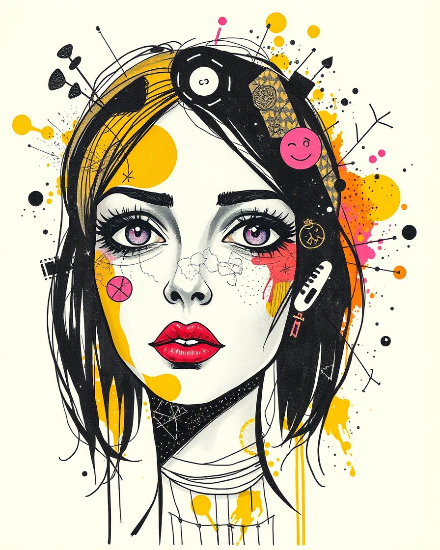 Abstract Mixed Media Portrait of a Woman with Vibrant Accents