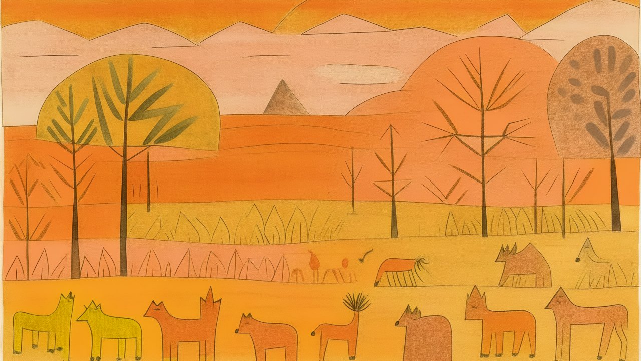 Abstract Orange Landscape with Stylized Animals and Trees