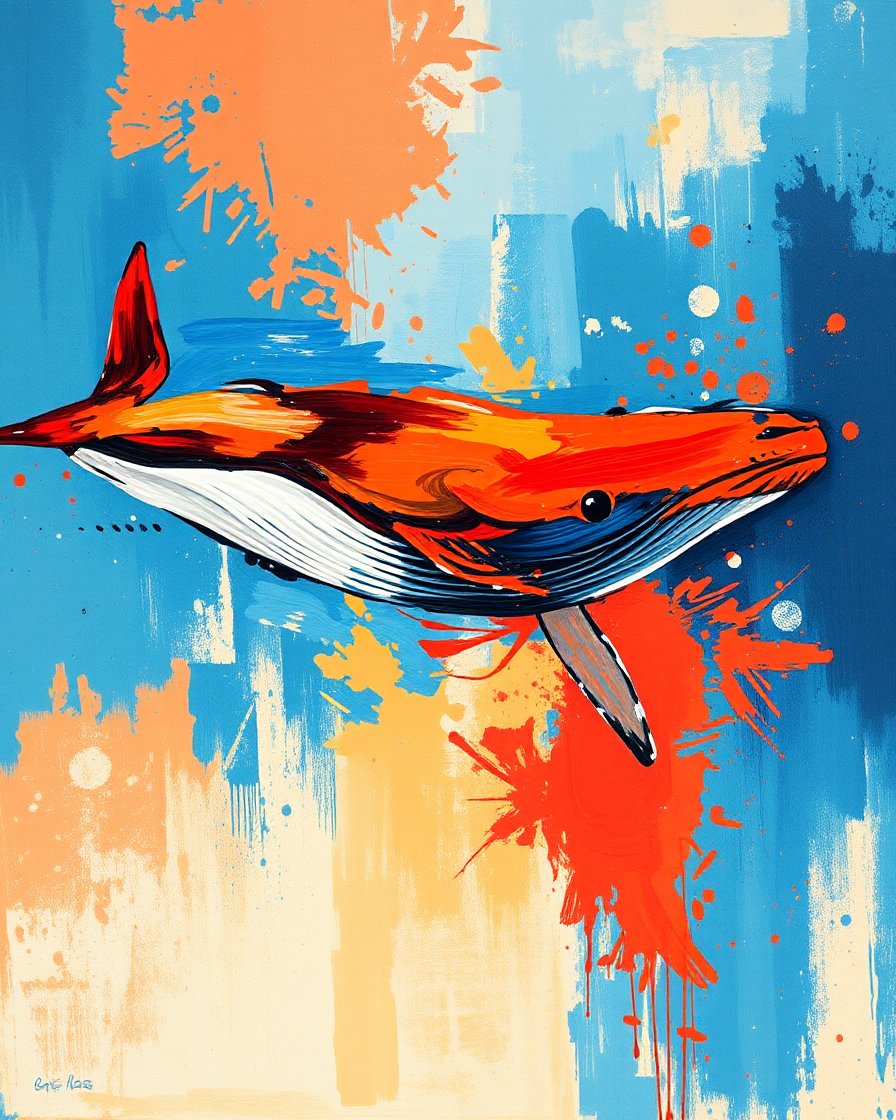 Abstract Painting of a Vibrant Red Whale